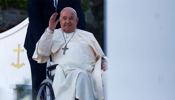 Pope Francis gestures, on the day he presides over the Holy Mass at Place dAusterlitz, during his apostolic journey in Ajaccio, on the French Mediterranean island of Corsica, France, December 15, 2024.— Reuters