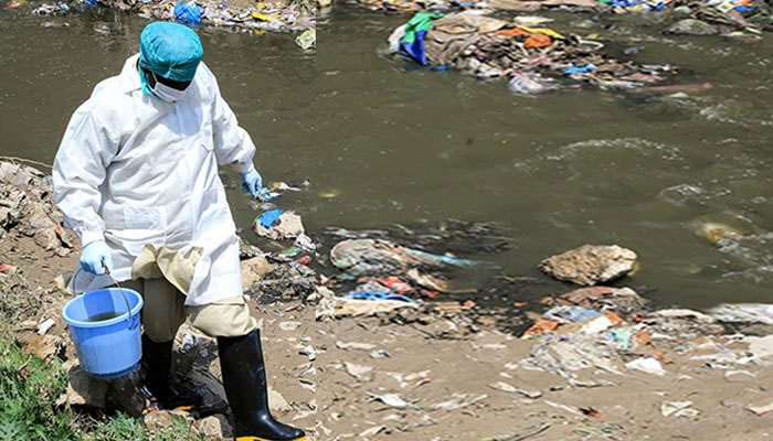 A researcher collects samples from a sewerage waterway in this image. — endpolio.com.pk/File