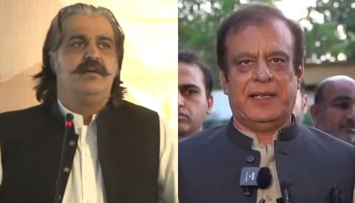 This combo of images shows, KP Chief Minister Ali Amin Gandapur (left) and PTI leader Shibli Faraz (right). — Facebook@Ali Amin Khan Gandapur/YouTube@ImranKhanOfficialChannel/File