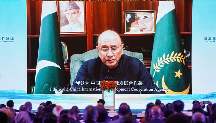 President Asif Ali Zardari addressing the 3rd China-Indian Ocean Region Forum on Blue Economy held in Kunming, China from 14-16 December 2024, through a video message. — PID