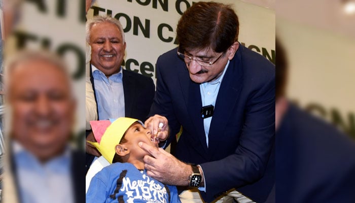 Sindh Chief Minister Syed Murad Ali Shah administers polio drops to a nursery class child during the launch of the polio eradication drive at Narayan Jagannath Vaidya (NJV) School December 16th, 2024.— Facebook@SindhCMHouse