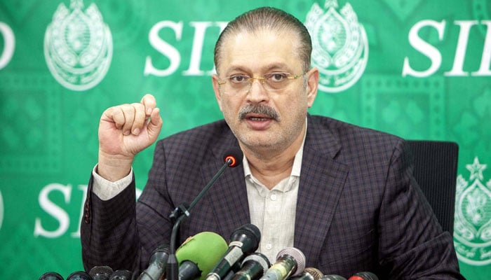 Senior Information and Transport Minister Sharjeel Inam Memon addresses media persons during a press conference, in Karachi on December 17, 2024. — PPI