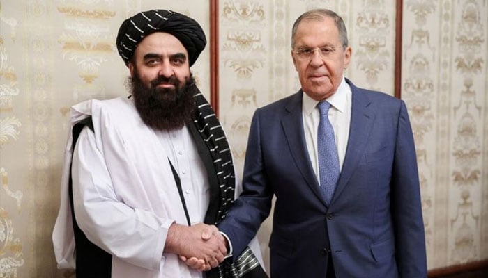 Russian Foreign Minister Sergei Lavrov shakes hands with Acting Foreign Minister of Afghanistans Taliban movement Amir Khan Muttaqi during a meeting in Moscow, Russia, October 4, 2024. — Reuters