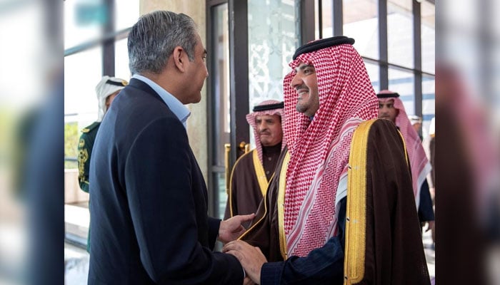 Interior Minister Mohsin Naqvi (left) meets with Interior Minister of Saudi Arabia Abdulaziz bin Saud bin Naif in Riyadh on December 17, 2024. — Facebook@Ministry of Interior GoP