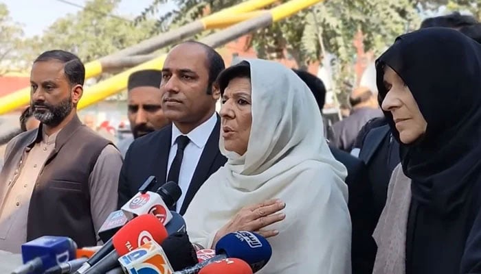 PTI founder Imran Khans sister Aleema Khan speaks media person on February 22, 2024. — Facebook@Shah Mahmood Qureshi