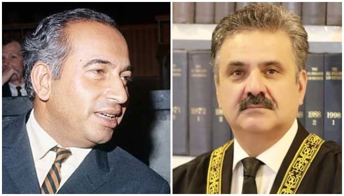 A collage showing former PM Zulfikar Ali Bhutto (left) and CJP Yahya Afridi. — X@BBhuttoZardari/SC website/File