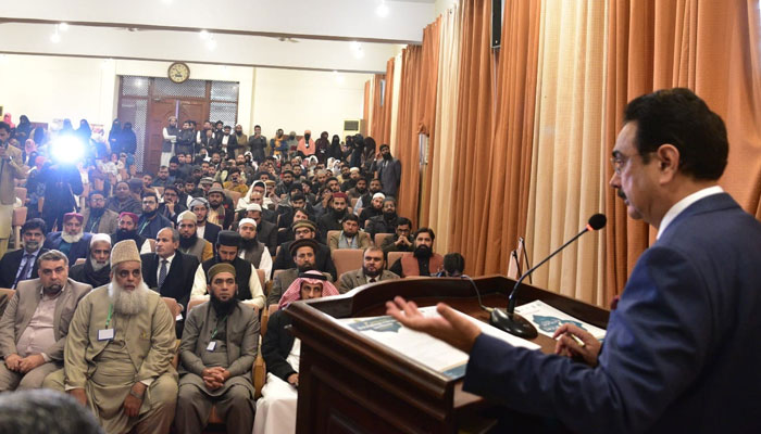 Punjab University Vice Chancellor Prof Dr M Ali (right) addresses the opening session of the two-day international conference on the International Day of Arabic Language organised by the Department of Arabic at Al Raazi Hall on December 18, 2024. — Facebook@UniversityOfThePunjab.Official