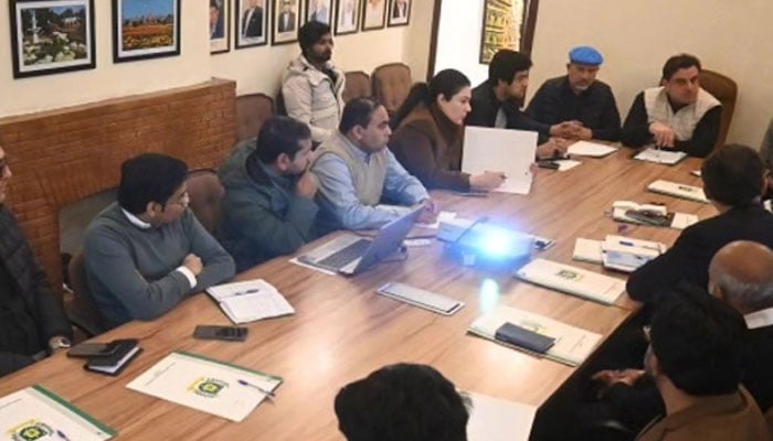 Provincial Minister of Housing, Urban Planning and Development Bilal Yasin (4th right) speaks in a meeting during his visit to PHA Headquarters at the Jilani Park on December 18, 2024. — Facebook@PhaLahoreofficial