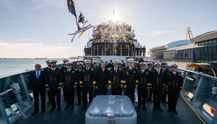 Vice Admiral Muhammad Faisal Abbasi (5th right in 1st row) in a group photo along with commissioning crew onboard newly commissioned Offshore Patrol Vessel (OPV), PNS YAMAMA, at Constanta Port, Romania on December 18, 2024. — Facebook@PakistanNavy