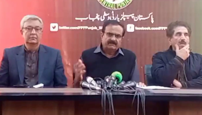 Pakistan People’s Party (PPP) Central Punjab General Secretary Syed Hasan Murtaza (centre) addresses a press conference at the PPP Secretariat in Model Town on December 18, 2024. — Screengrab via Facebook@Hassan Murtaza