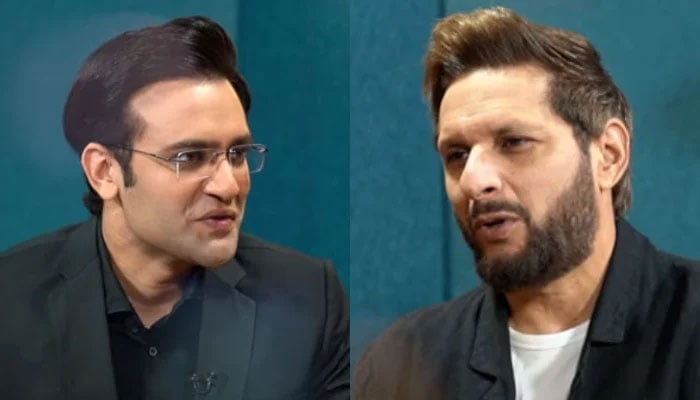 This combination shows “Geo podcast” host  Mubashir Hashmi (left) and Pakistans former skipper and star all-rounder Shahid Afridi on December 2, 2024. — Screengrab via YouTube@geonewspodcast