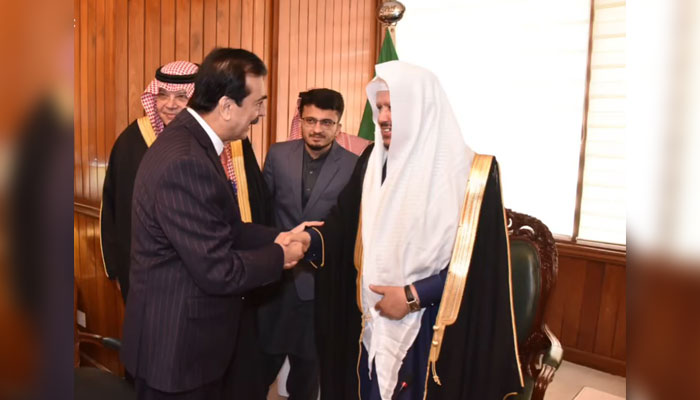 Chairman Senate Syed Yousuf Raza Gilani (left) shakes hands with the Chairman of the Saudi Shura Council Dr Abdullah bin Mohammed bin Ibrahim Al-Sheikh (right) in this image released on December 18, 2024. — Screengrab via Facebook@Pakistansenate