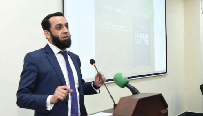 Federal Minister for Information & Broadcasting Attaullah Tarar addresses an event on August 29, 2024. — Facebook@NUML