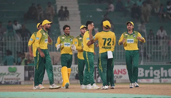 Lions teammates celebrate a wicket during Eliminator match between Lions and Stallions at Champions One-Day Cup in Faisalabads Iqbal Stadium. — PCB/File