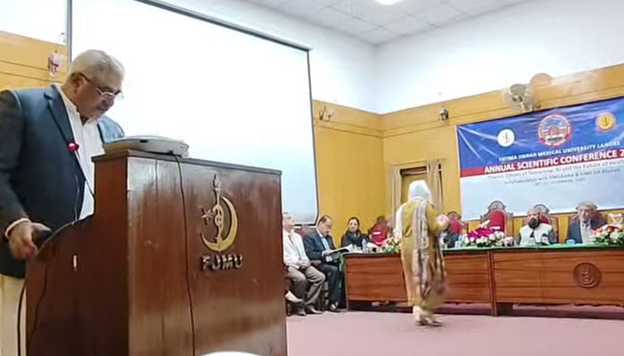 Provincial Health Minister Khawaja Salman Rafique speaks at the Annual International Medical, Educational and Research Scientific Conference 2024 of Fatima Jinnah Medical University (FJMU) on December 19, 2024. — Screengrab via Facebook@SalmanRafiquePK