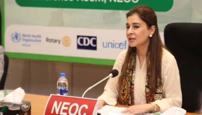 National Commission on the Rights of Child chairperson Ayesha Raza Farooq  gestures while speaking at a conference on September 24, 2024. — X@PakFightsPolio