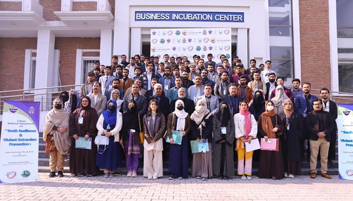 A group photo of the participants of a symposium for youth at the Criminology Department at the University of Peshawar on December 19, 2024. — Facebook@UniversityOfPeshawarOfficialPage