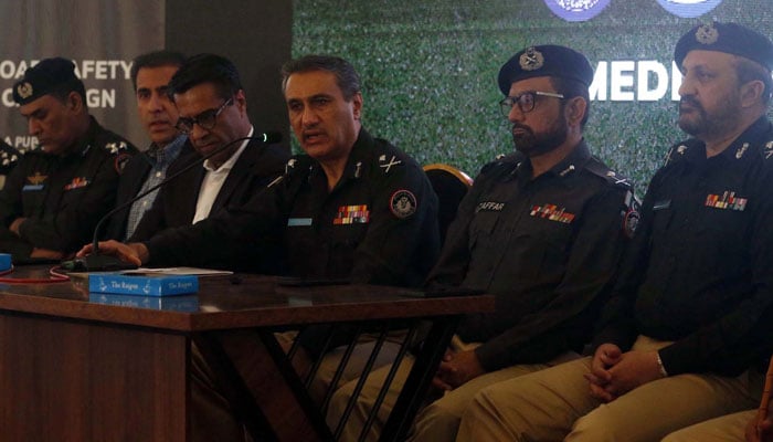 Sindh Inspector General of Police (IGP) Ghulam Nabi Memon addresses media persons during a press conference regarding a traffic awareness campaign at the CPO Office in Karachi on December 19, 2024. — PPI