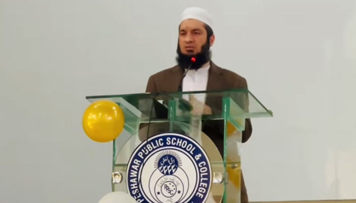 Mayor of Peshawar Zubair Ali addresses the annual prize distribution and investiture ceremony at the  Peshawar Public School and College on December 20, 2024. — Screengrab via Facebook@ZubairAliMayor