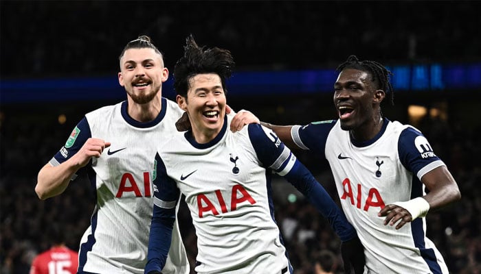 Tottenham Hotspurs Son Heung-min celebrates scoring their fourth goal with Radu Dragusin and Yves Bissouma.— Reuters/File