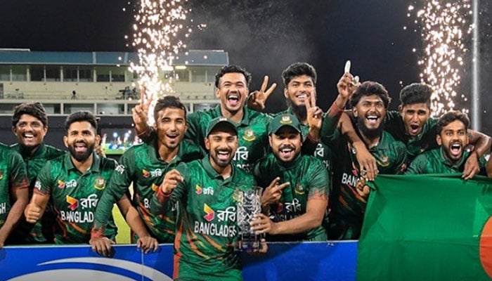 Bangladesh players seen celebrating after series win against West Indies.— Cricket Bangladesh website/File