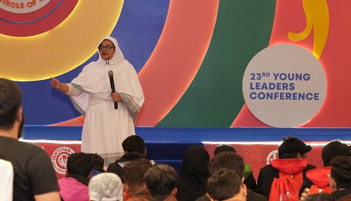 This image taken on December 20, 2024, shows a renowned trainer from the School of Leadership Fatema Kausar Ali delivers a lecture at the Young Leaders Conference (YLC) 2024. — Facebook@YLCworld