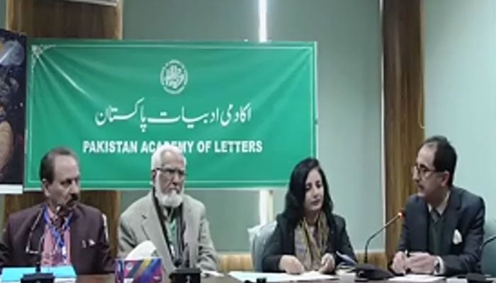 PAL DG Sultan Nasir (right) speaks at a seminar organised by the Pakistan Academy of Letters on Decemebr 16, 2024. — Screengrab via Facebook@Zafar Syed