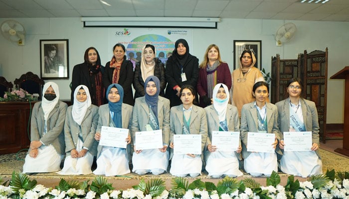 A group photo of students of the IMCG (PG) Margalla, F-7/4 at a seminar on Human Solidarity on December 20, 2024. — Facebook@Islamabad Model College for Girls PG-Margala F-7/4, Islamabad