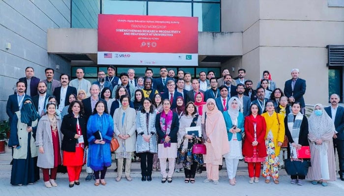 A group photo from the USAID’s Higher Education System Strengthening Activitys impactful four-day training on Proposal Writing & Grant Management for public sector universities in Pakistan. — Facebook@USAIDPakistan/File