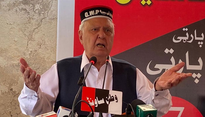 Qaumi Watan Party (QWP) chairman Aftab Ahmad Khan Sherpao speaks at a gathering at the Watan Kor, to mark the 12th foundation day of the nationalist party on October 17, 2024. — Facebook@AftabAhmadKhanSherpao