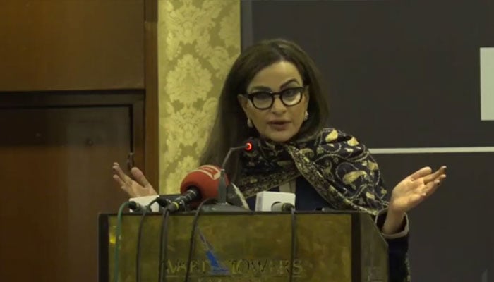 Chairperson of the Standing Committee on Climate Change Senator Sherry Rehman, addressing as chief guest. — Screengrab via Facebook@Cac Karachi/File