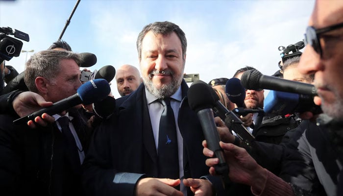 Italian Deputy Prime Minister Matteo Salvini speaks to media upon his arrival at Pagliarelli bunker courthouse for a hearing in the trial over his 2019 decision to prevent more than 100 migrants from landing in the country, in Palermo, Italy, December 20, 2024. — Reuters