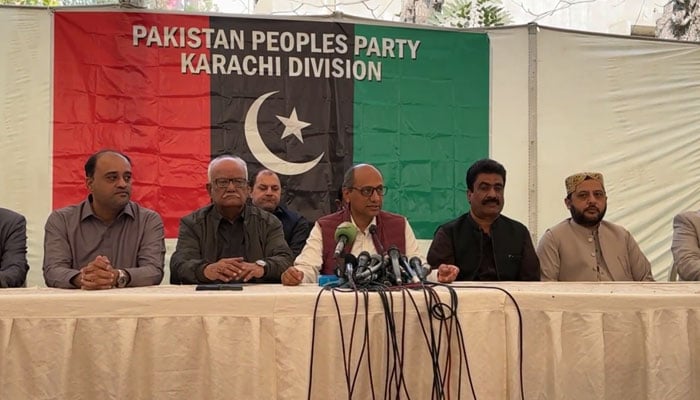 Sindh Local Government Minister Saeed Ghani (3rd left) addresses a press conference along with others on December 22, 2024. — Screengrab via Facebook@SaeedGhaniPPP