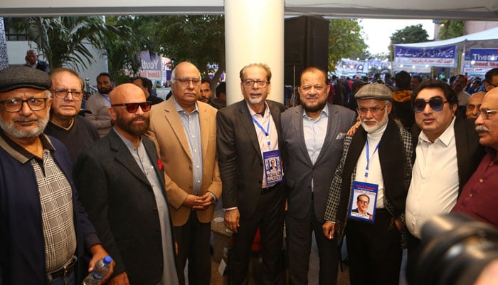 Arts Council of Pakistan (ACP) President Ahmed Shah (5th right) in a group photo during the Annual Election 2024 at ACP Building in Karachi on December 22, 2024. — Facebook@ACPKHI