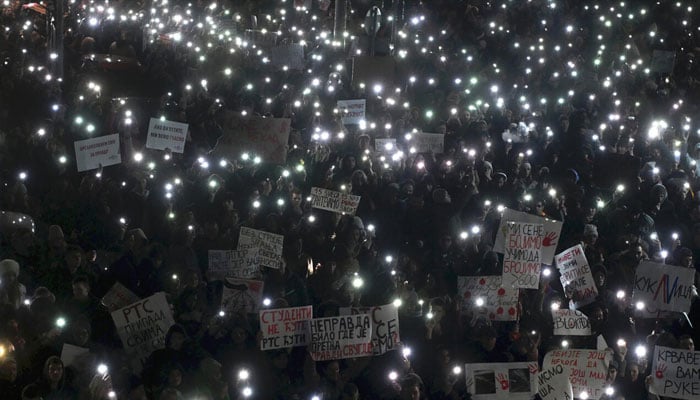 Thousands protest outside Serbias public broadcaster in Belgrade demanding accountability for the railway station tragedy. —AFP/File