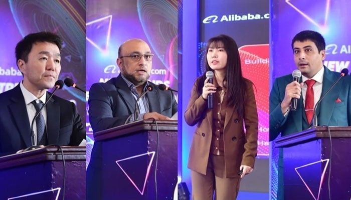 From Left-Right: Mr. Roger Luo (Head of South-East Asia Alibaba.com), Mr. Waseem Shahbaz Lodhi (Senior Vice President of SCCI), Ms. Summer Gao (Head of Global Supply Chain Services Alibaba.com), Mr. Tayyub Hussnain (Founder and CEO, Norwich Streetwear) speaking at Alibaba.com Pakistan Supplier Export Summit 2025 in Sialkot. — computerxpertssialkot/File