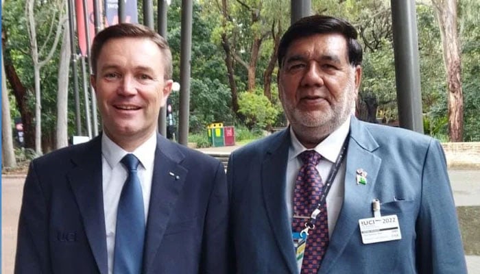 Pakistan Cycling Federation (PCF) President President Syed Azhar Ali Shah (right) pictured alongside UCI President David Lappartient. — Supplied/File