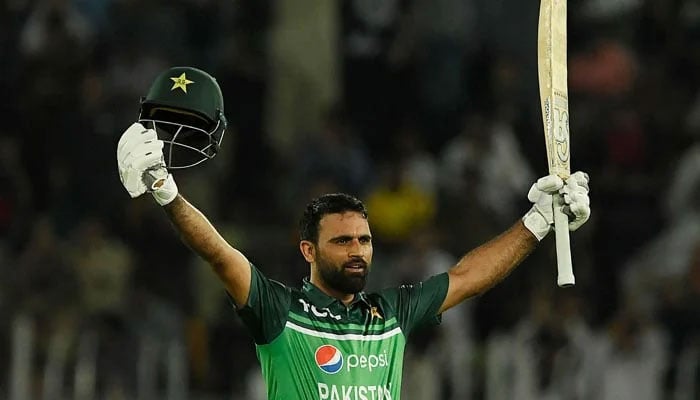 Pakistans Fakhar Zaman celebrates after scoring a century during the first ODI between Pakistan and New Zealand at the Rawalpindi Cricket Stadium in Rawalpindi, on April 27, 2023. — AFP