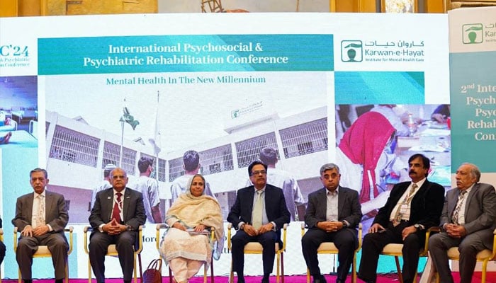 Speakers seen at the stage during the Second International Psychosocial and Psychiatric Rehabilitation Conference (PPRC’24).— Facebook@keh.org.pk/File