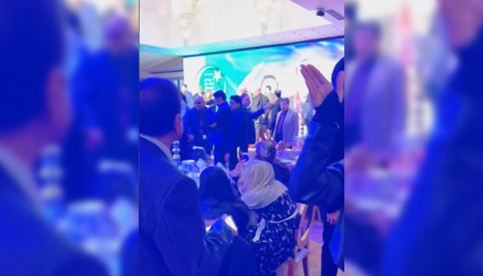 A screengrab from a video of the Pakistan Muslim Leagues celebration of Nawaz Sharifs birthday in London.— Facebook@SafinaKhann1/File