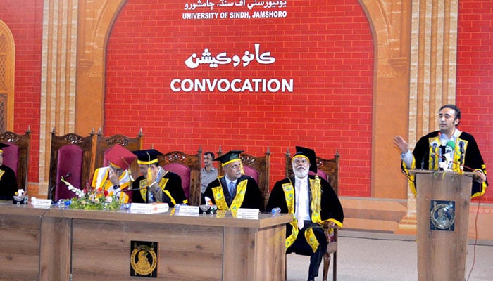 Chairman Pakistan Peoples Party Bilawal Bhutto Zardari addresses during convocation of University of Sindh Jamshoro on December 23, 2024.— APP