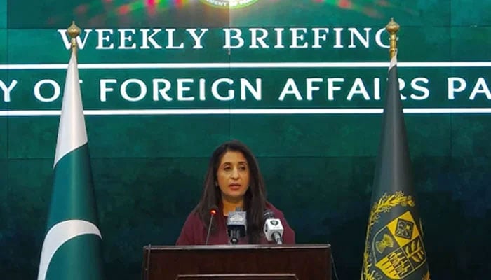 Ministry of Foreign Affairs spokesperson Zahra Baloch addresses a weekly press briefing in Islamabad on February 9, 2023, in this still taken from a video. — Facebook/MoFA