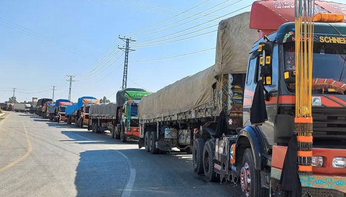 Trucks loaded with supplies are pictured near a border crossing on February 21, 2023. — Reuters