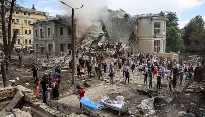 Rescuers work at Okhmatdyt childrens hospital in Kyiv, which was heavily damaged during a missile attack. —Reuters/File