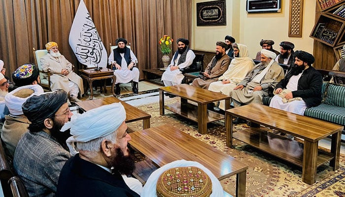 Pakistani Jamiat Ulema-e-Islam Fazl (JUIF) chief Maulana Fazl-ur-Rehman meets the Afghan deputy prime minister, Maulana Abdul Kabeer, in Kabul during his visit to Afghanistan on January 7, 2024. X@JUIF