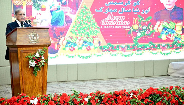 Prime Minister Muhammad Shehbaz Sharif addresses the ceremony, celebrating Christmas 2024, in Islamabad on December 25, 2024.— PID