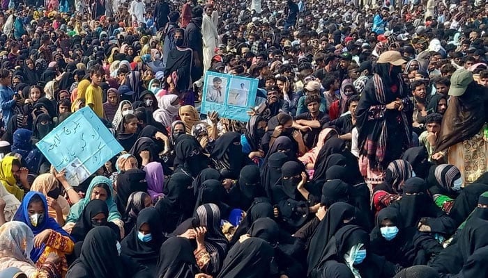 People from the Baloch community take part in a demonstration in Balochistans Gwadar on July 28, 2024. — AFP