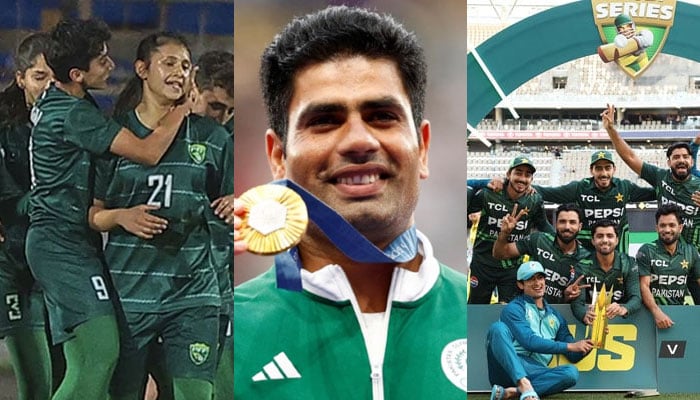 Pakistan womens team celebrates after scoring the winning goal against Tajikistan during the AFC Olympic Qualifiers, on April 11, 2023 (left), Gold medallist Arshad Nadeem of Pakistan celebrates with his medal on the podium (centre) and Pakistan players pose with the trophy after winning the three-match ODI series against Australia in Perth on November 10, 2024. — Facebook@PakistanCricketBoard/X@PFF/Reuters