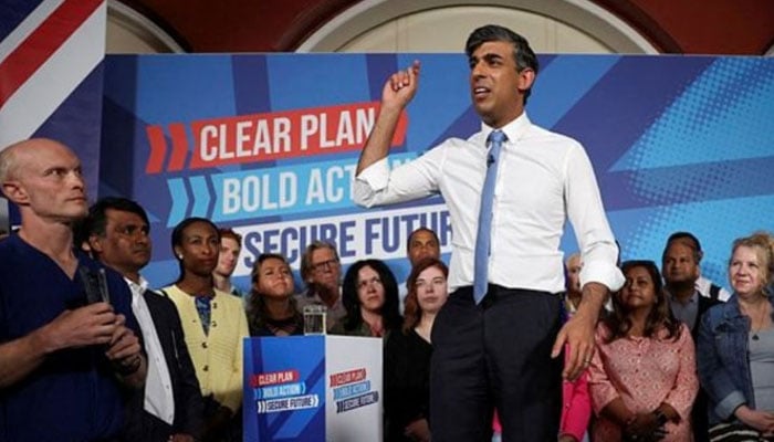 British Prime Minister Rishi Sunak speaks during a Conservative general election campaign event, in London, Britain. —Reuters/File