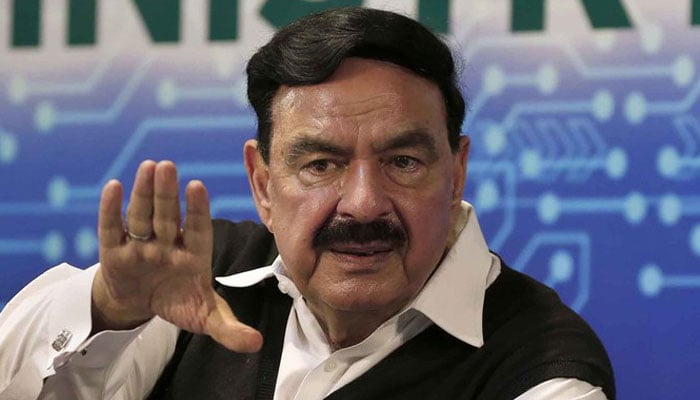 Sheikh Rashid Ahmed, chairman Awami Muslim League (AML) gestures during a press conference in Islamabad. — AFP/File